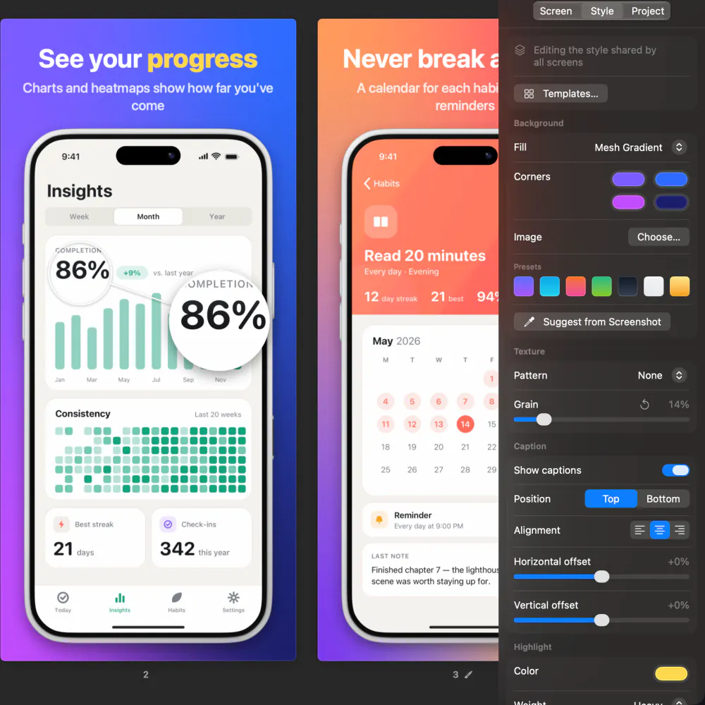 The Style inspector in Bezelry, with a mesh gradient background and caption settings