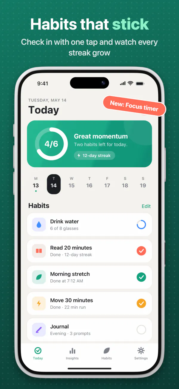 “Habits that stick”: a habit tracker's Today screen in an iPhone frame on a green background, with a “New: Focus timer” badge